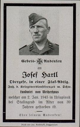 Esquela mortuoria de Josef Hartl. 2 enero 1945