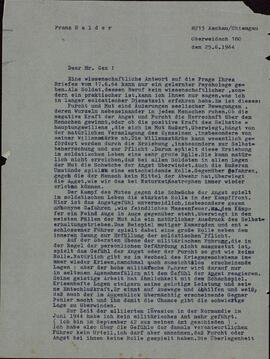 Carta perteneciente a un grupo de 7 cartas: "Halder, Franz. Querido Sr. Gex. 25 junio 1964"