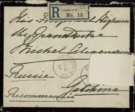 Carta y Sobre de la Zarina Alexandra Feodorovna al Gran Duque Mikhail, enviada desde Buckingham Palace. Londres, 5 / 18 marzo 1907