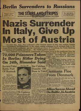The Stars and Stripes. Periódico diario de las Fuerzas Armadas de EE.UU. en el Escenario Europeo de Operaciones. 3 mayo 1945. "Los nazis se rinden en Italia y abandonan la mayor parte de Austria."