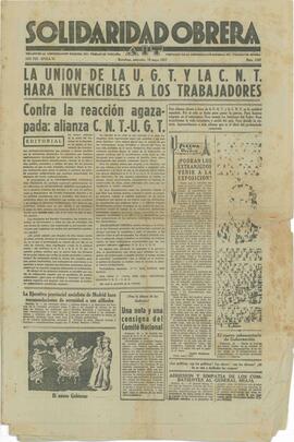 Solidaridad Obrera. "La Unión de la U.G.T y la C.N.T. hará invencibles a los trabajadores". Barcelona, miércoles, 19 mayo 1937.