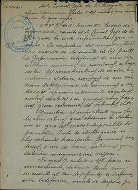 Marzo?, Manuel. Instrucciones sobre los partes de información telefónicos. Leciñena, 8 marzo 1938 (Guerra Civil).