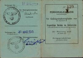 Permiso de trabajo de Narcisa Viano, tejedora. El permiso está en alemán e italiano.  31 de diciembre de 1944