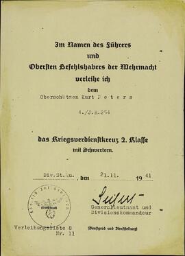 "En nombre del Führer. Kurt Peters. 21 noviembre 1941"