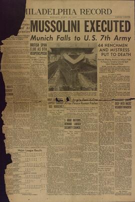 Philadelphia Record. 30 Abril 1945. "Mussolini ejecutado."