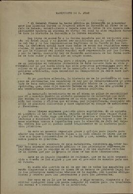 Borbón, D. Juan. Manifiesto sobre la proyectada política de sucesión. Lisboa, 7 abril 1947