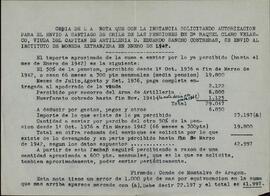 Vapor Uruguay. Sancho Contreras, Eduardo. Copia de la nota enviada al Instituto de la Moneda Extranjera sobre la pensión de viudedad de Raquel Claro Velasco (esposa)