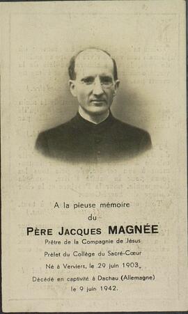 Esquela fúnebre del Padre Jacques Magnée (1903-1942), asesinado en el campo de concentración de Dachau, c. 1946.