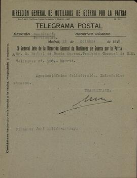 Telegrama del Gral. José Millán-Astray y Terreros al Tcnel. Rafael de Rueda Moreno, agradeciéndole felicitaciones. Madrid, 25 de Octubre de 1943