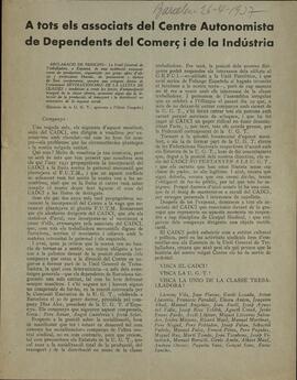"A todos los asociados del Centro Autonomista de Dependientes del Comercio y la Industria" (para promover la lucha de clases. Inspiración UGT). 26 de abril de 1937 (fecha inscrita a mano)