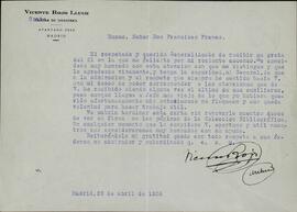 Colección Francisco Franco. Rojo Lluch, Vicente. Carta a Francisco Franco Bahamonde. Madrid, 28 de abril de 1936