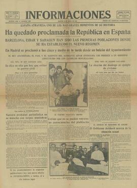 Informaciones, "Ha quedado proclamada la República en España". 14 de Abril de 1931.