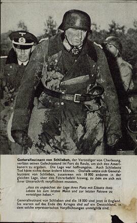 Folleto entregado por los estadounidenses a los alemanes: "La cruda verdad sobre la cautividad / Y, por supuesto, llega a casa después de la guerra", con fotografía del General von Schlieben, 1944.