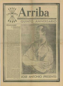 Arriba, Órgano de Falange Española Tradicionalista y de las JONS. "Quinto Aniversario", 20 de Noviembre de 1941. (Sobre el quinto aniversario de la muerte de José Antonio Primo de Rivera)