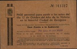 Pase personal n.º 011317 para los actos del 12 de octubre 1939 en Zaragoza