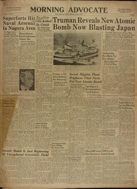 Morning Advocate.  "Truman reveals que la la nueva bomba atómica golpeará Japón". 7 Agosto 1945