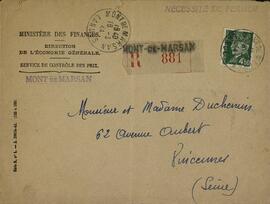 Sobre del "Ministerio de Finanzas / Dirección General de la Economía / Servicio de control del precio", con sello postal de imagen del Mariscal Pétain. Enviado a los Srs. Duchemin. 16 abril 1944
