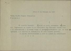 Carta dirigida al Gral. Miguel Cabanellas, en respuesta a su solicitud sobre el Cabo Struck Isso, s.f. (presuntamente, firma el Cnel. Fernando Moreno Calderón, ver FJMC 10765). Ávila, 17 de Febrero de 1937