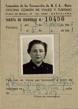 Llopart, Concepción (esposa Castañé Lloret, Modesto). Billete de tren. Válido entre el 7 septiembre 1940 y 6 septiembre 1941