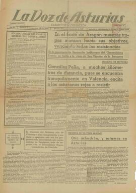 La Voz de Asturias. N.º 4468, "En el frente de Aragón, nuestras tropas avanzan hacia sus objetivos, venciendo todas las resistencias". Oviedo, 1 septiembre 1937