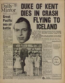 Daily Mirror. 26 Agosto 1942. "El Duque de Kent muere en Accidente mientras volaba a Islandia"