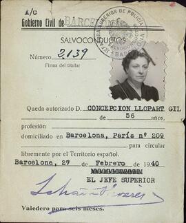 Llopart, Concepción (esposa Castañé Lloret, Modesto). Salvoconducto. Barcelona, 27 febrero 1940