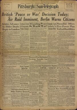 Pittsburgh Sun Telegraph. "Paz o Guerra: los británicos lo decidirán hoy." 3 de Septiembre de 1939