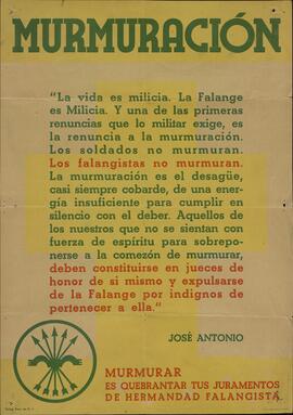 "Murmuración". Cartel con cita de José Antonio Primo de Rivera contra la murmuración