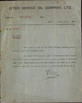 Dtor. Cities Service Oil Company, Ltd. a Mr. Shaw. 30 junio 1937