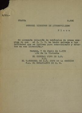 Automóviles, servicio de inspección y recuperación. Burgos, 7 de junio de 1939
