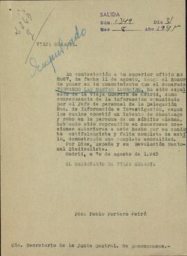Documentos de expulsión de Vieja Guardia de Fernando Las Santas Loureiro, así como de su fallecimiento y Certificaciones familiares de pertenecer al cuerpo de funcionarios de su hermana Adelaida Las Santa Laurelio.