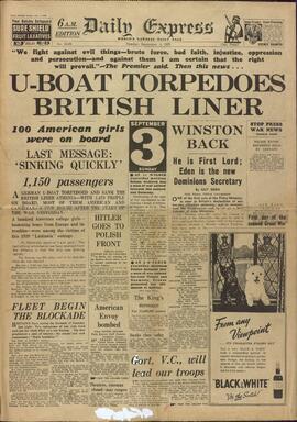 "Daily Express", 4 de Septiembre de 1939, "Submarino Torpedea un barco de línea británico".