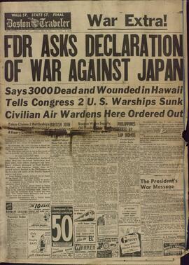 Boston Traveller. "Franklin D. Roosevelt pide la declaración de guerra a Japón". 8 diciembre 1941