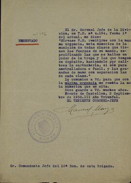 Marzo?, Manuel. Solicitud de informe sobre la munición disponible. Frente de Castellón, 2 septiembre 1938 (Guerra Civil).