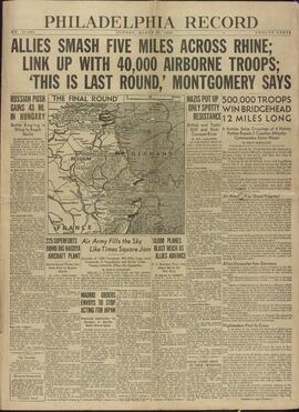 Philadelphia Record. "Los aliados avanzan 5 millas a lo largo del Rhin; Domingo 25 de Marzo de 1945
