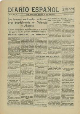Diario Español. "Las fuerzas nacionales entraron ayer triunfalmente en Valencia y Alicante". 31 marzo 1939