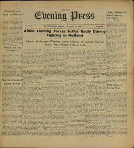 Evening Press. Guernsey, 13 Octubre, 1944. "Fuerzas de desembarco aliadas sufren gravemente durante los combates en Holanda."