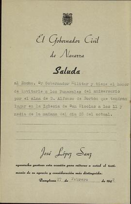 Invitación del Gobernador Civil de Navarra a los Funerales por el Aniversario de la Muerte de Alfonso XIII. Pamplona, 27 de Febrero de 1942