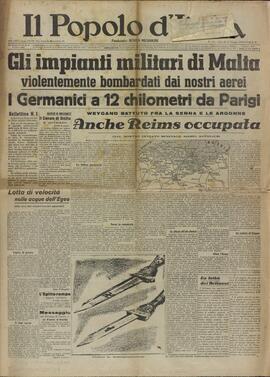 Il Popolo d'Italia. "Las instalaciones militares de Malta, violentamente bombardeadas por nuestros aviones / Los alemanes a 12 kilómetros de París". Milano 18 Junio 1940