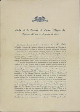 Orden de la Escuela de Estado Mayor del Ejército, nombrando Miembro de Honor al Tcnel. Carlos Noreña (militar nacional fusilado en 1936), 1 de Junio de 1942