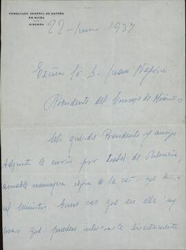 Colección Francisco Franco. Negrín, Juan. Carta de Rivas Cherif, cónsul general de España en Ginebra, 22 junio 1937
