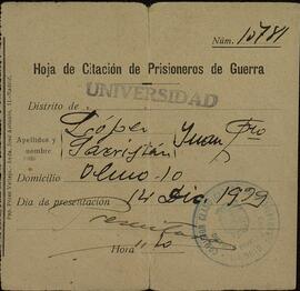 Hoja de citación de prisioneros de guerra. Juan Francisco López Sacristán. 14 diciembre 1939