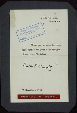 Colección Francisco Franco. Churchill, Winston. Nota de agradecimiento dirigida a Franco con sello de Secretaría Particular del Generalísimo Franco, 30 noviembre 1963
