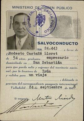 Castañé Lloret, Modesto. Salvoconducto. Valladolid, 24 septiembre 1938