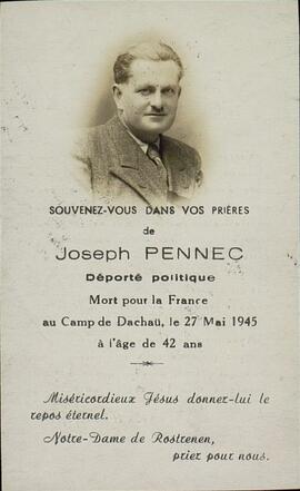 Esquela fúnebre de Joseph Pennec (1903-1945), asesinado en el campo de concentración de Dachau, c. 1946.