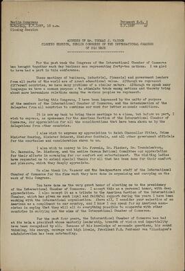 Watson, Thomas J. Sesión de Clausura. IX Congreso Cámara Internacional de Comercio. Berlín, 3 julio 1937