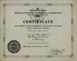 "Jefatura del comando de reemplazo y enseñanza. Certificado Jonh M. Fradd". 1945