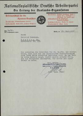 "Cartas de la organización extranjera del NDASP a Heinrich Behrmann: Carta de Buss informando sobre la imposibilidad de encontrar su dinero". 25 septiembre 1937
