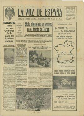 La voz de España: diario de la falange española tradicionalista y de las JONS. "Siete kilómetros de avance en el Frente de Teruel". San Sebastián, 5 julio 1938