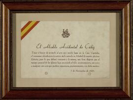 Invitación del Alcalde accidental de Cádiz al acto que tendrá lugar en la Casa Capitular el 7 de noviembre de 1936 al conocerse la noticia de la entrada en Madrid de ejército